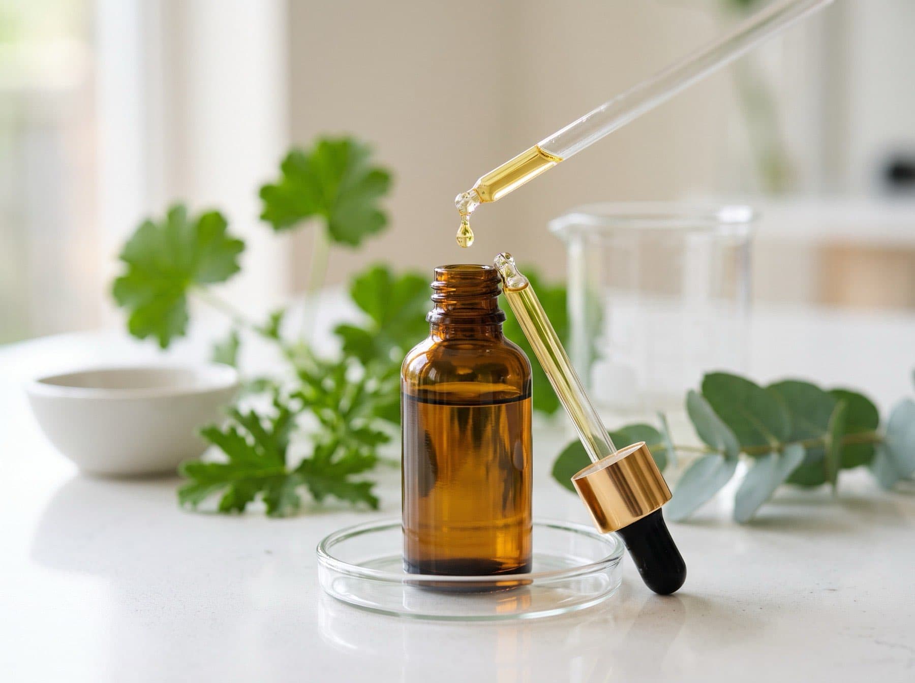 Frasco conta-gotas âmbar com óleo dourado em bancada de laboratório cosmético