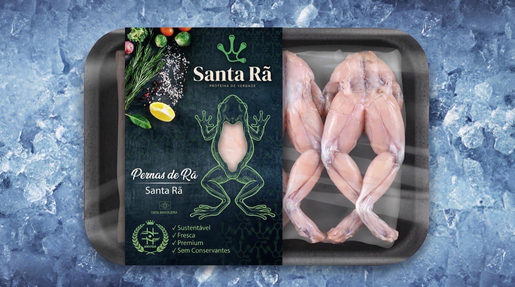 Bandeja de pernas de rã Santa Rã sobre gelo