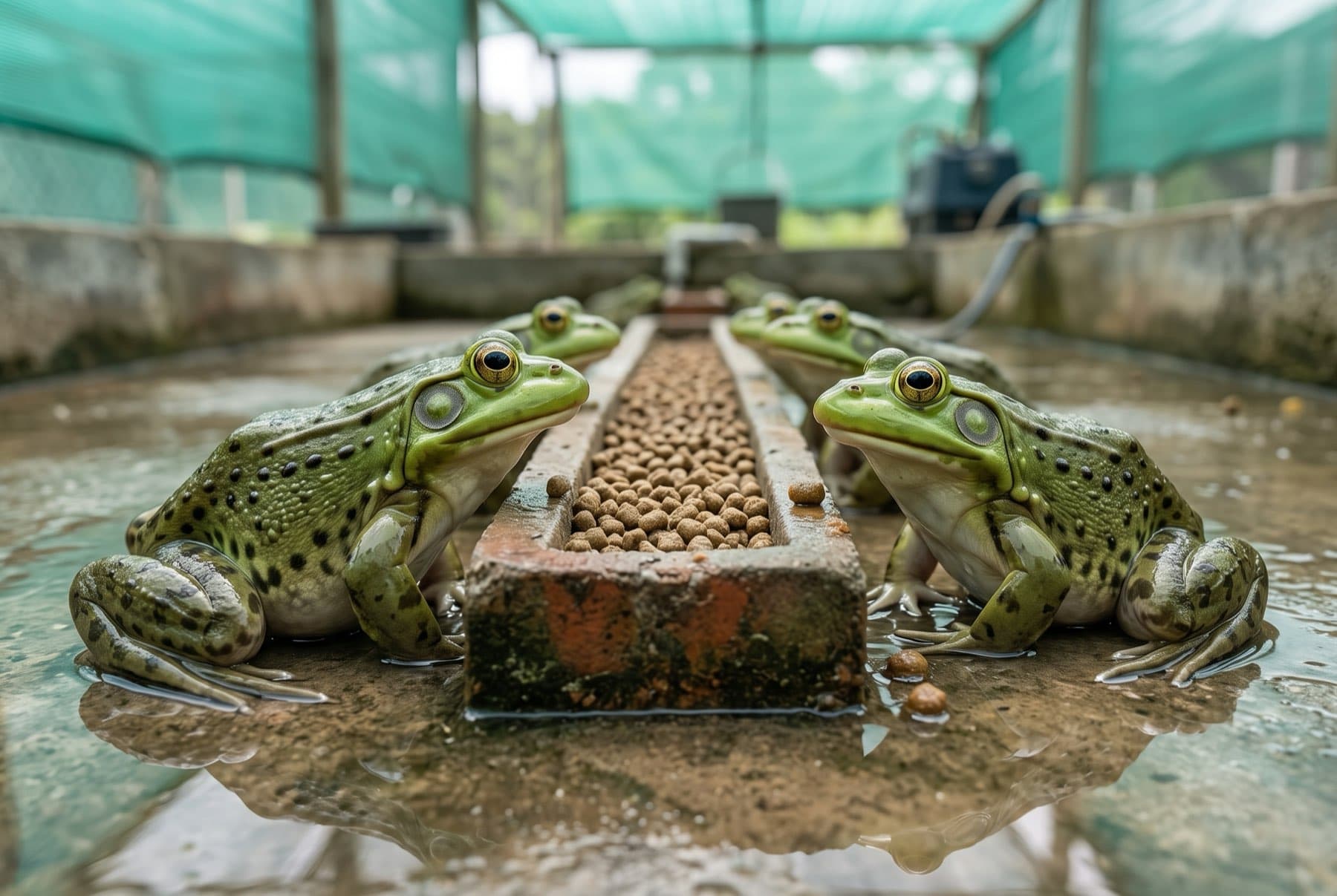 Baias de engorda do ranário com rãs-touro junto aos cochos